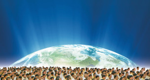 landscape format of blue globe with pandits